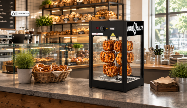 Nieuw in het assortiment: warmhoudtoonbank voor ANDREAS-pretzels voor een professionele presentatie van snacks